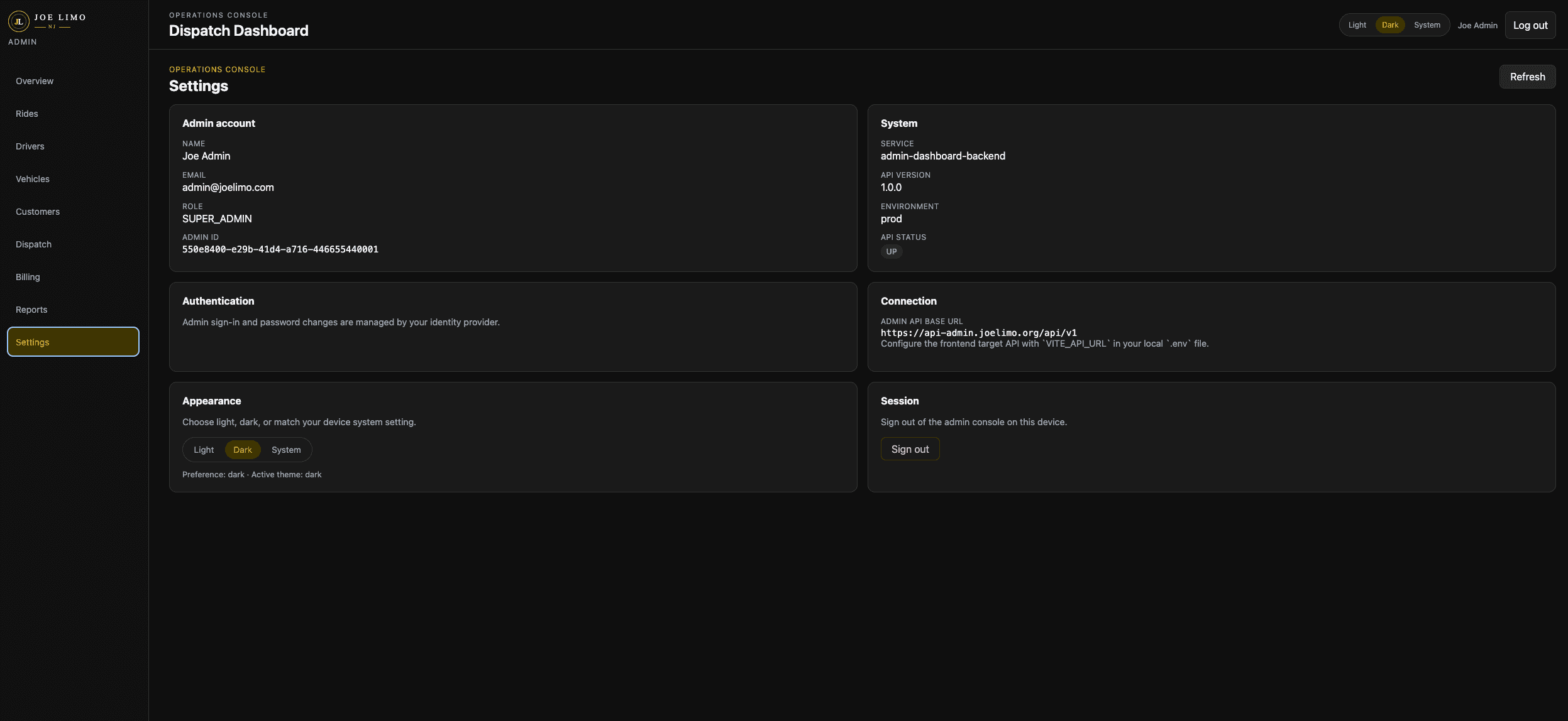 Joe Limo admin settings screen with account, system, authentication, and appearance options