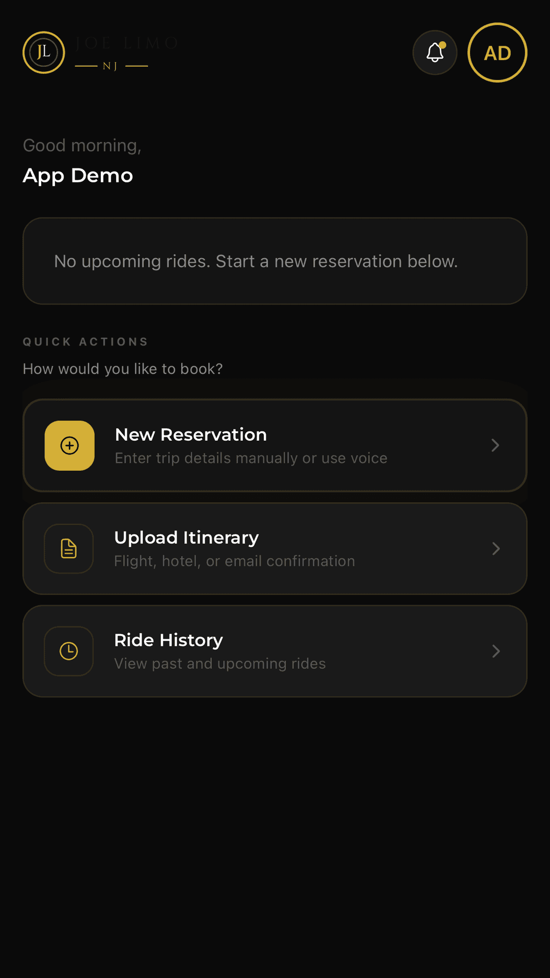 Joe Limo customer app home screen with quick actions for new reservation, upload itinerary, and ride history