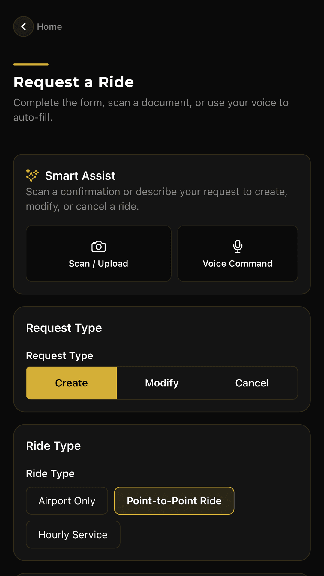 Joe Limo request a ride screen with smart assist, request type, and ride type options