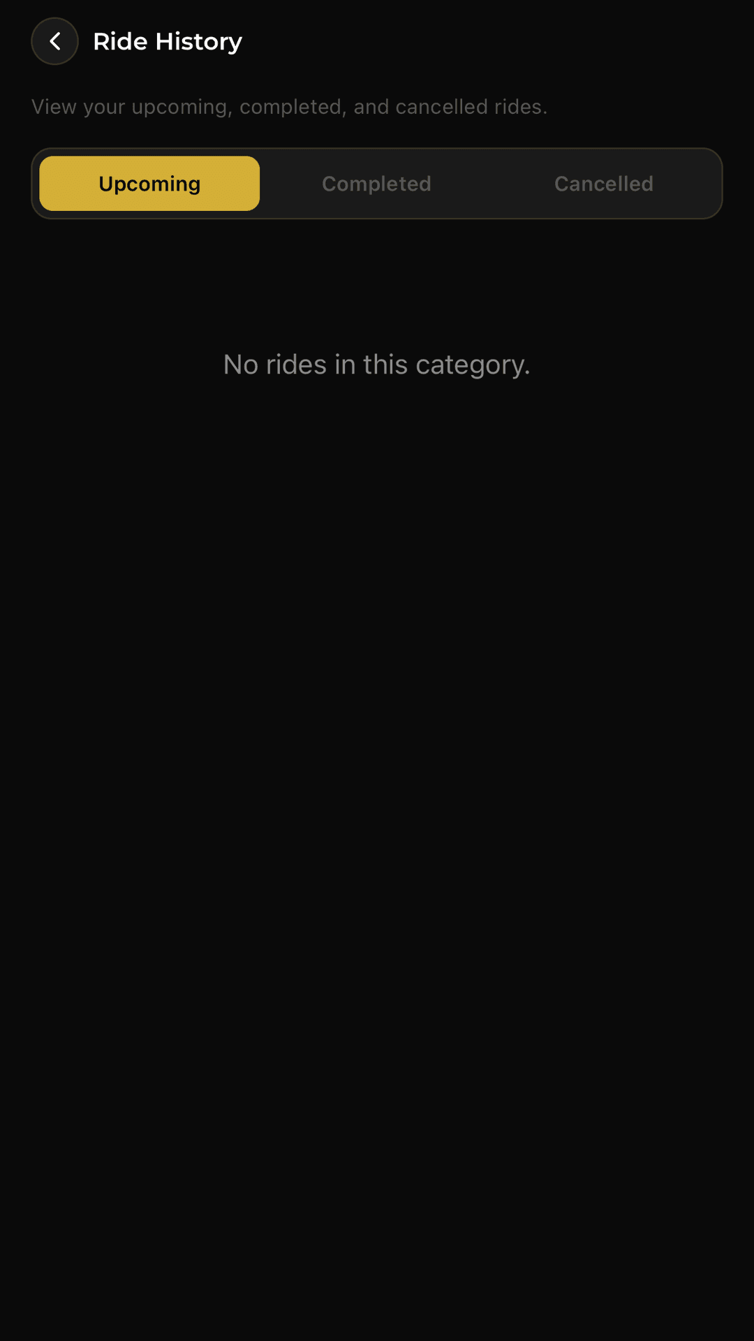 Joe Limo ride history screen with upcoming, completed, and cancelled tabs