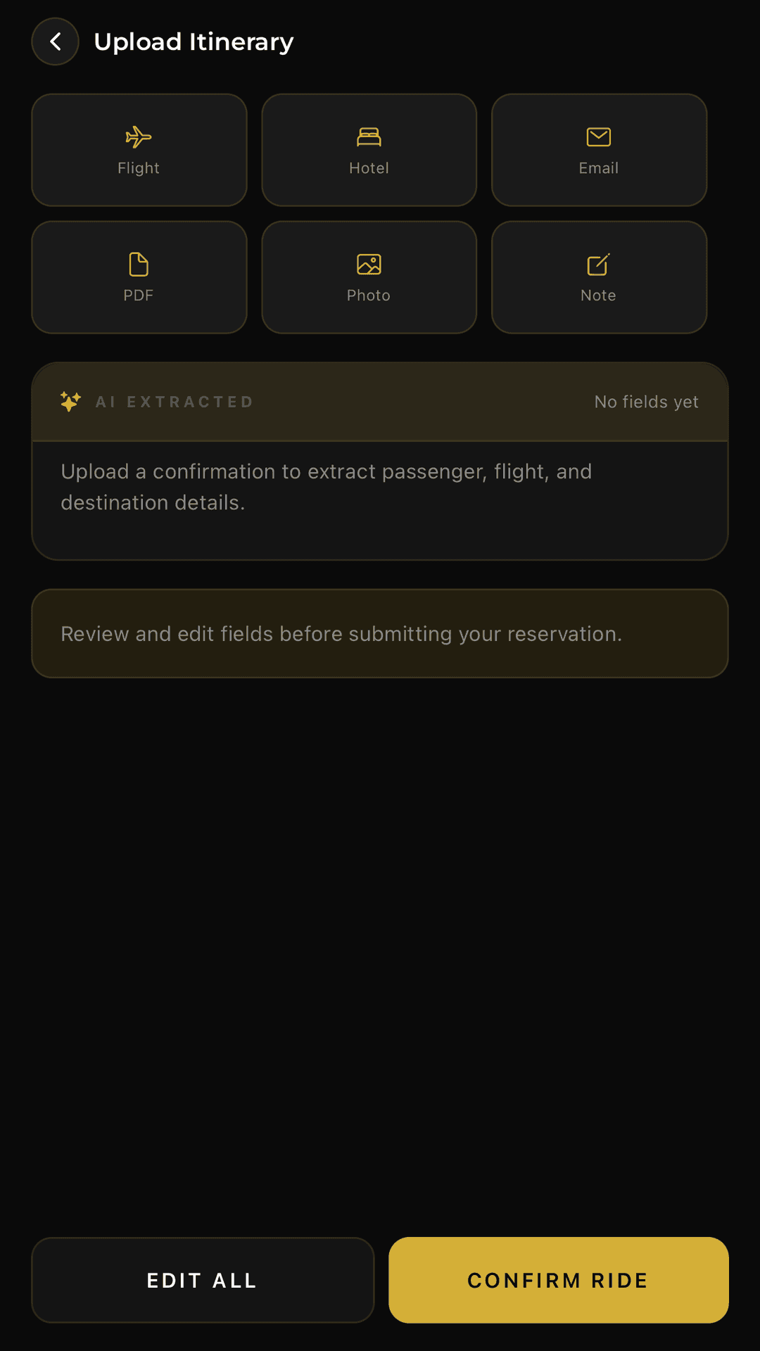 Joe Limo upload itinerary screen with AI extraction from flight, hotel, email, PDF, photo, or note