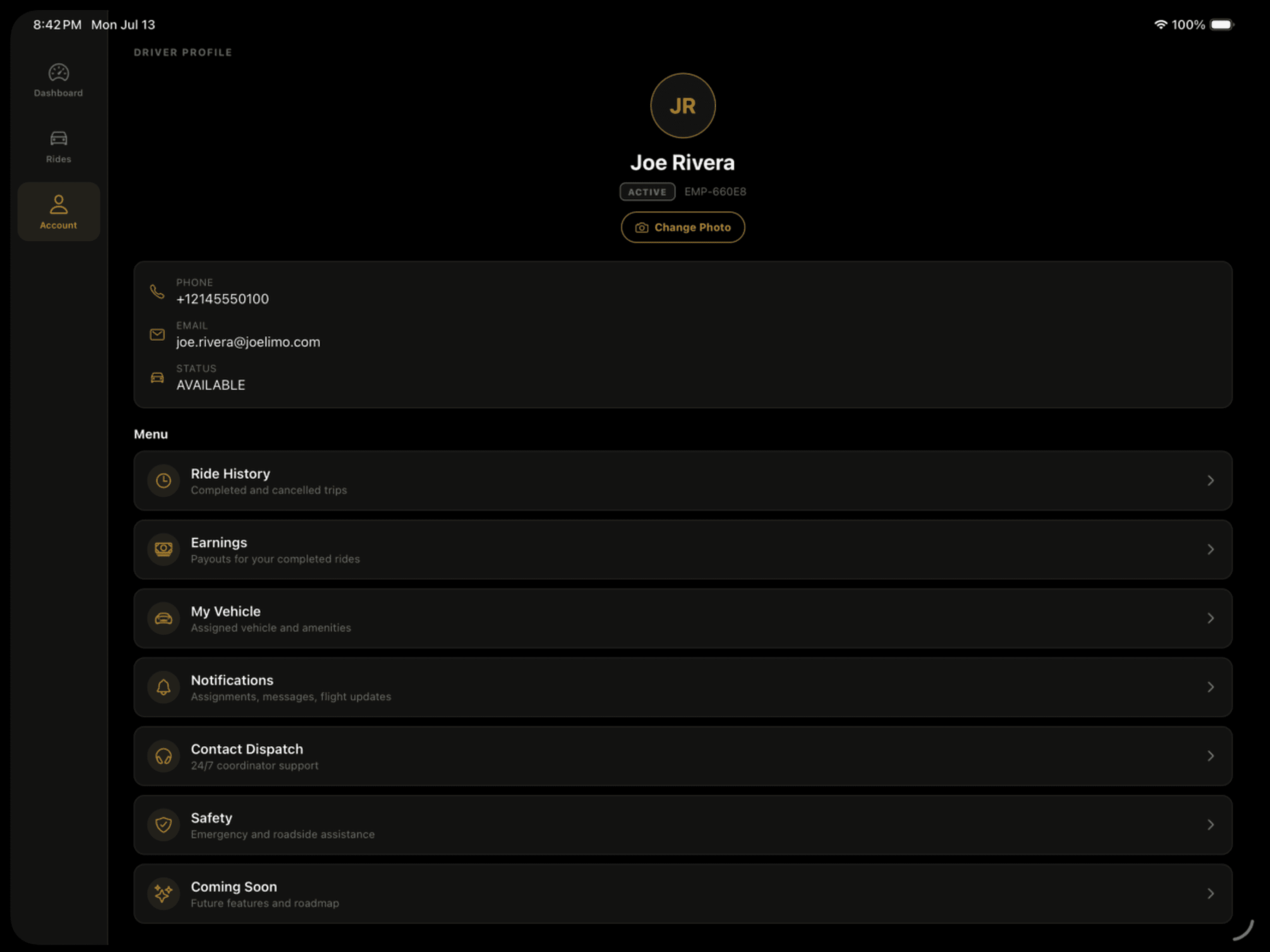 Joe Limo chauffeur account screen with profile, contact details, and driver menu