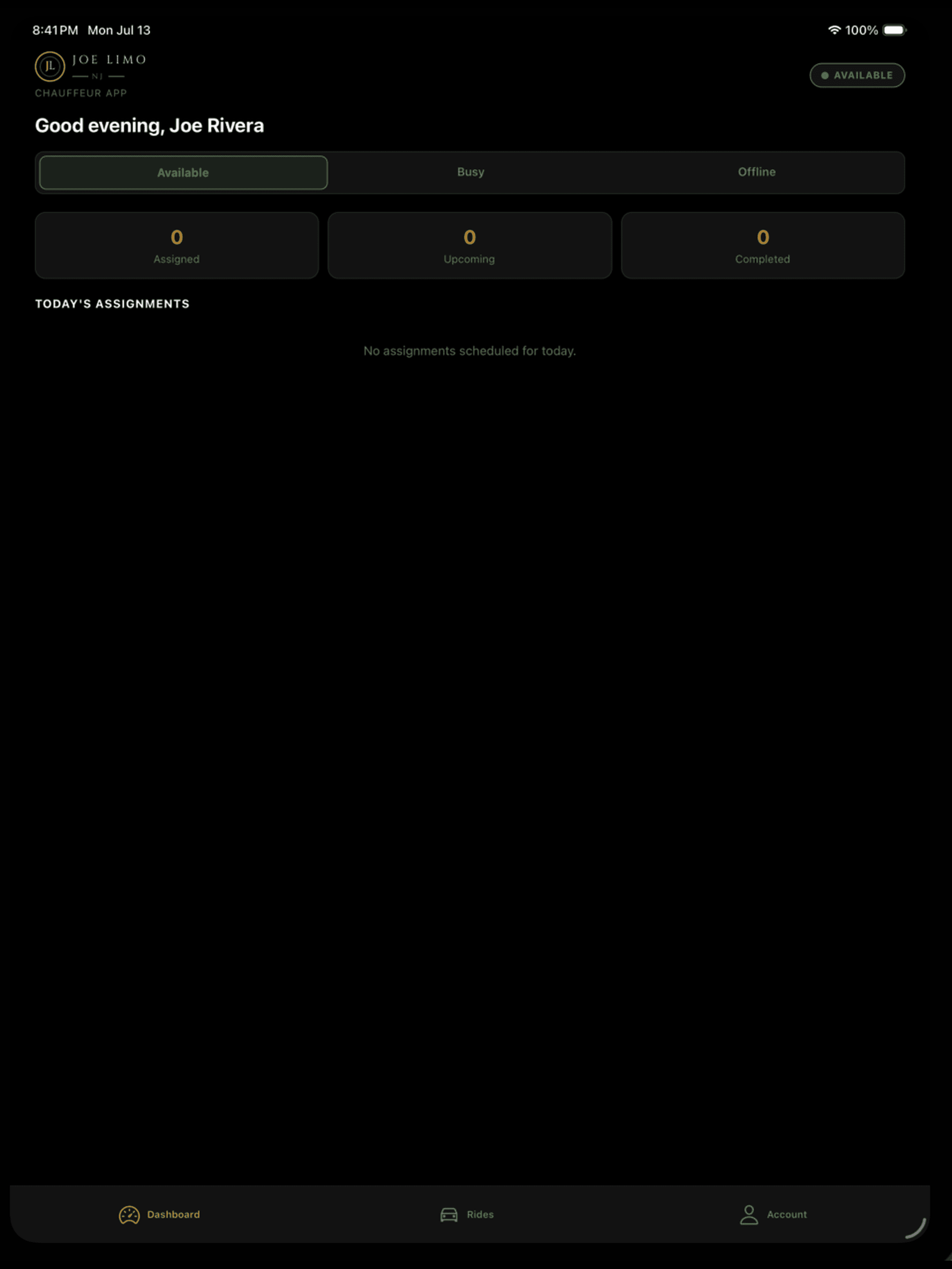 Joe Limo chauffeur app dashboard with availability status and today's assignments